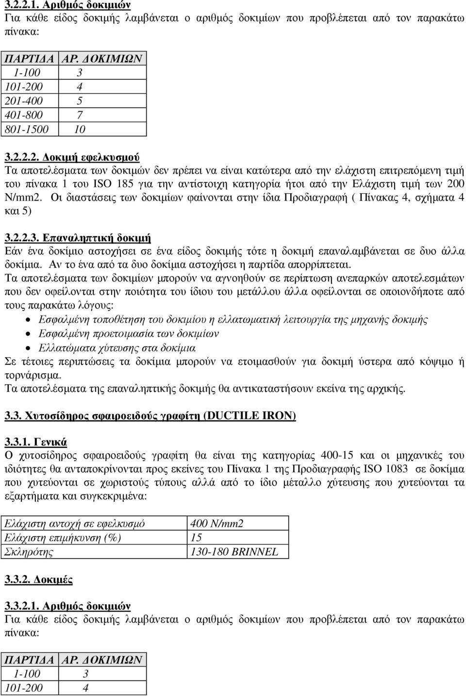 N/mm2. Οι διαστάσεις των δοκιµίων φαίνονται στην ίδια Προδιαγραφή ( Πίνακας 4, σχήµατα 4 και 5) 3.