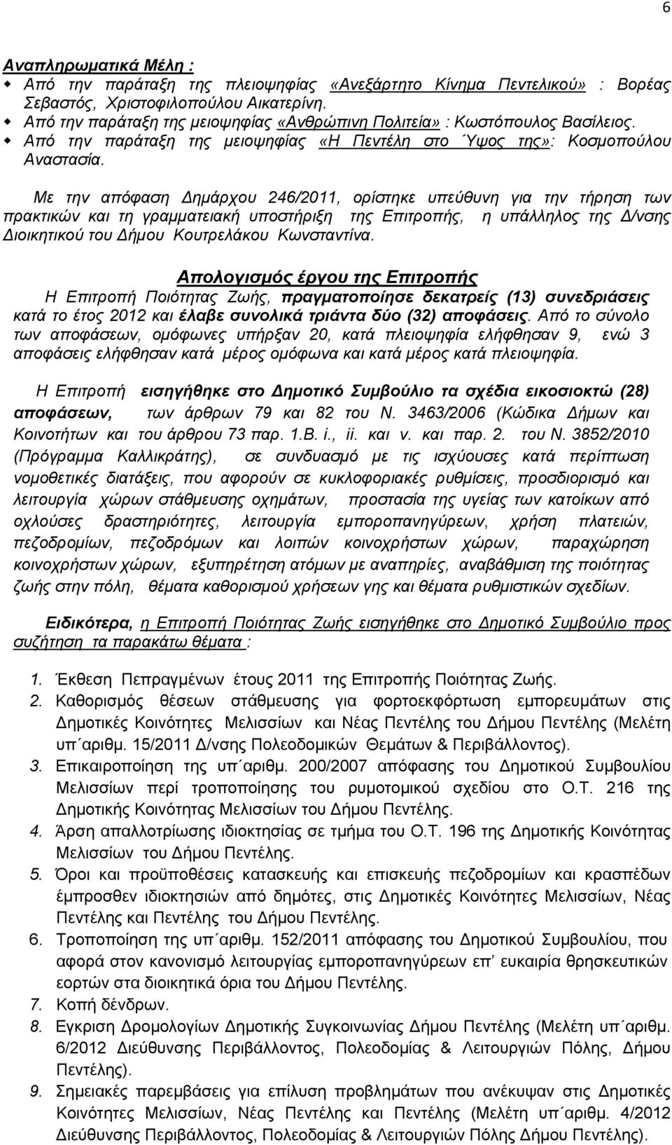 Mε την απόφαση Δημάρχου 246/2011, ορίστηκε υπεύθυνη για την τήρηση των πρακτικών και τη γραμματειακή υποστήριξη της Επιτροπής, η υπάλληλος της Δ/νσης Διοικητικού του Δήμου Κουτρελάκου Κωνσταντίνα.