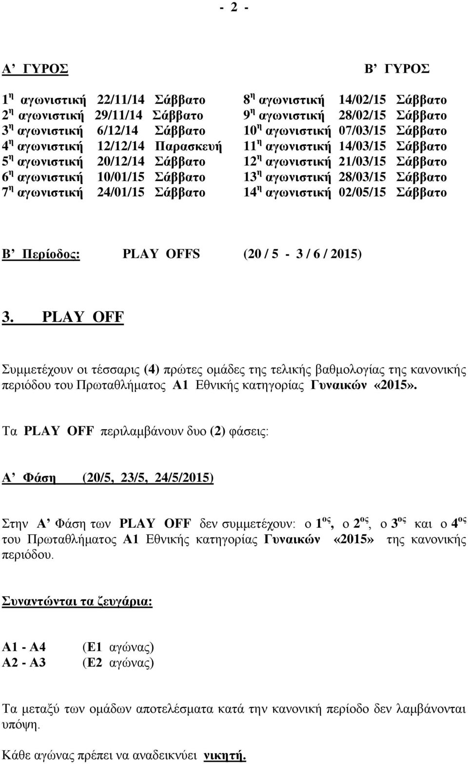 28/03/15 Σάββατο 7 η αγωνιστική 24/01/15 Σάββατο 14 η αγωνιστική 02/05/15 Σάββατο B Περίοδος: PLAY OFFS (20 / 5-3 / 6 / 2015) 3.