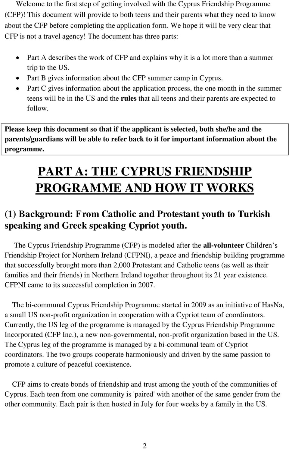 The document has three parts: Part A describes the work of CFP and explains why it is a lot more than a summer trip to the US. Part B gives information about the CFP summer camp in Cyprus.