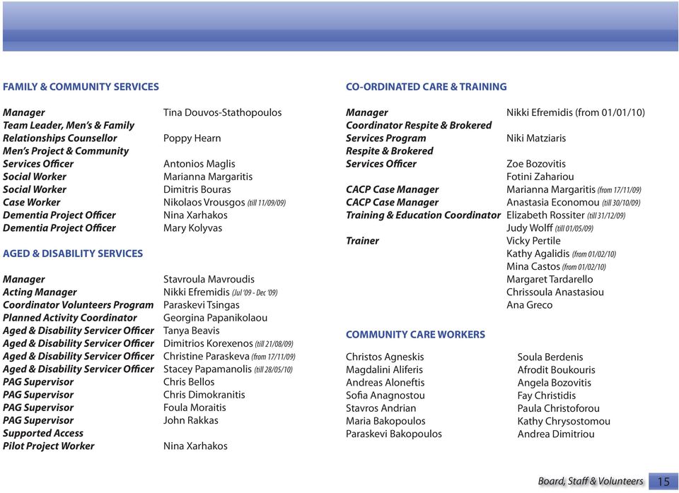 Manager Stavroula Mavroudis Acting Manager Nikki Efremidis (Jul 09 - Dec 09) Coordinator Volunteers Program Paraskevi Tsingas Planned Activity Coordinator Georgina Papanikolaou Aged & Disability