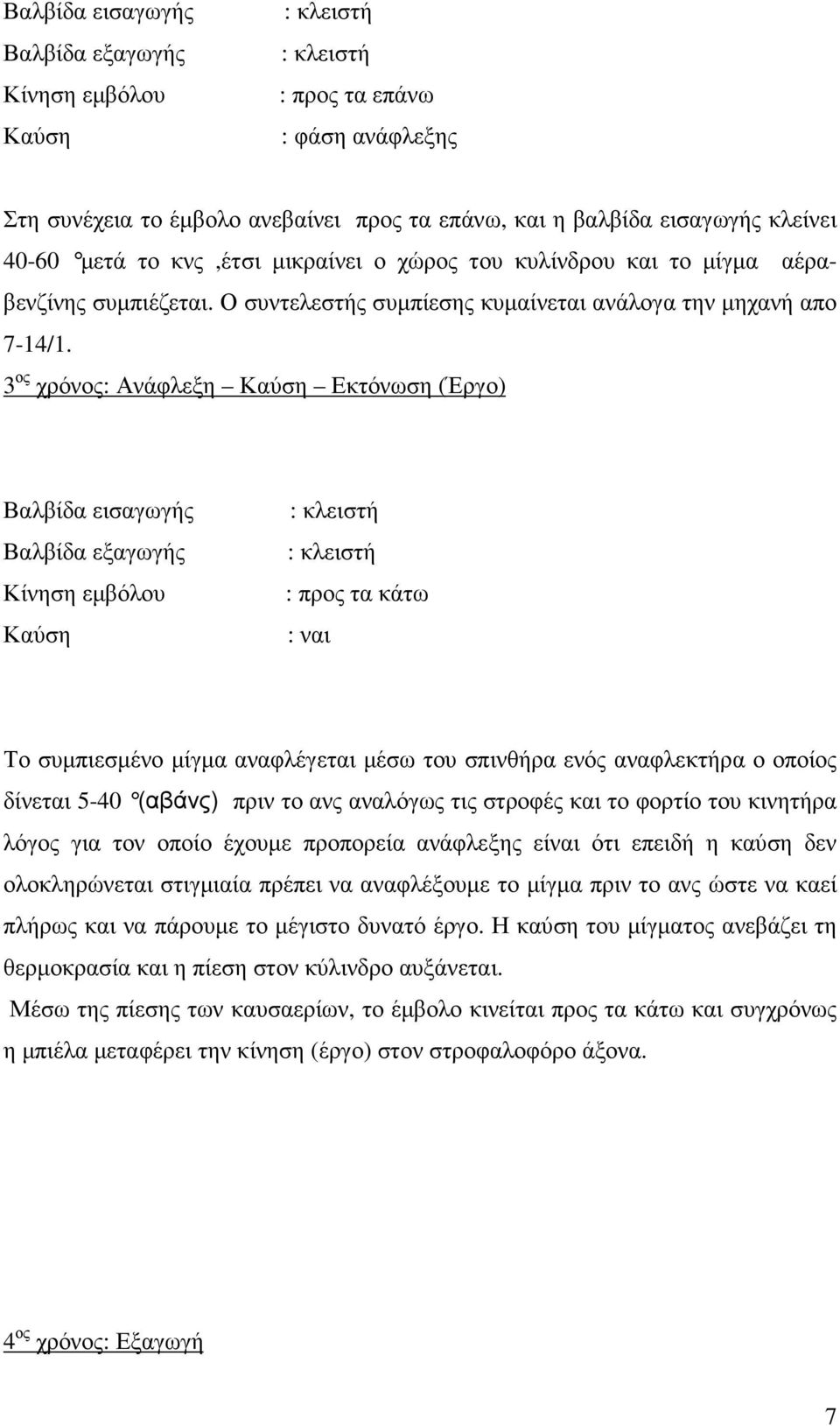 3 ος χρόνος: Ανάφλεξη Καύση Εκτόνωση (Έργο) Βαλβίδα εισαγωγής Βαλβίδα εξαγωγής Κίνηση εµβόλου Καύση : κλειστή : κλειστή : προς τα κάτω : ναι Το συµπιεσµένο µίγµα αναφλέγεται µέσω του σπινθήρα ενός