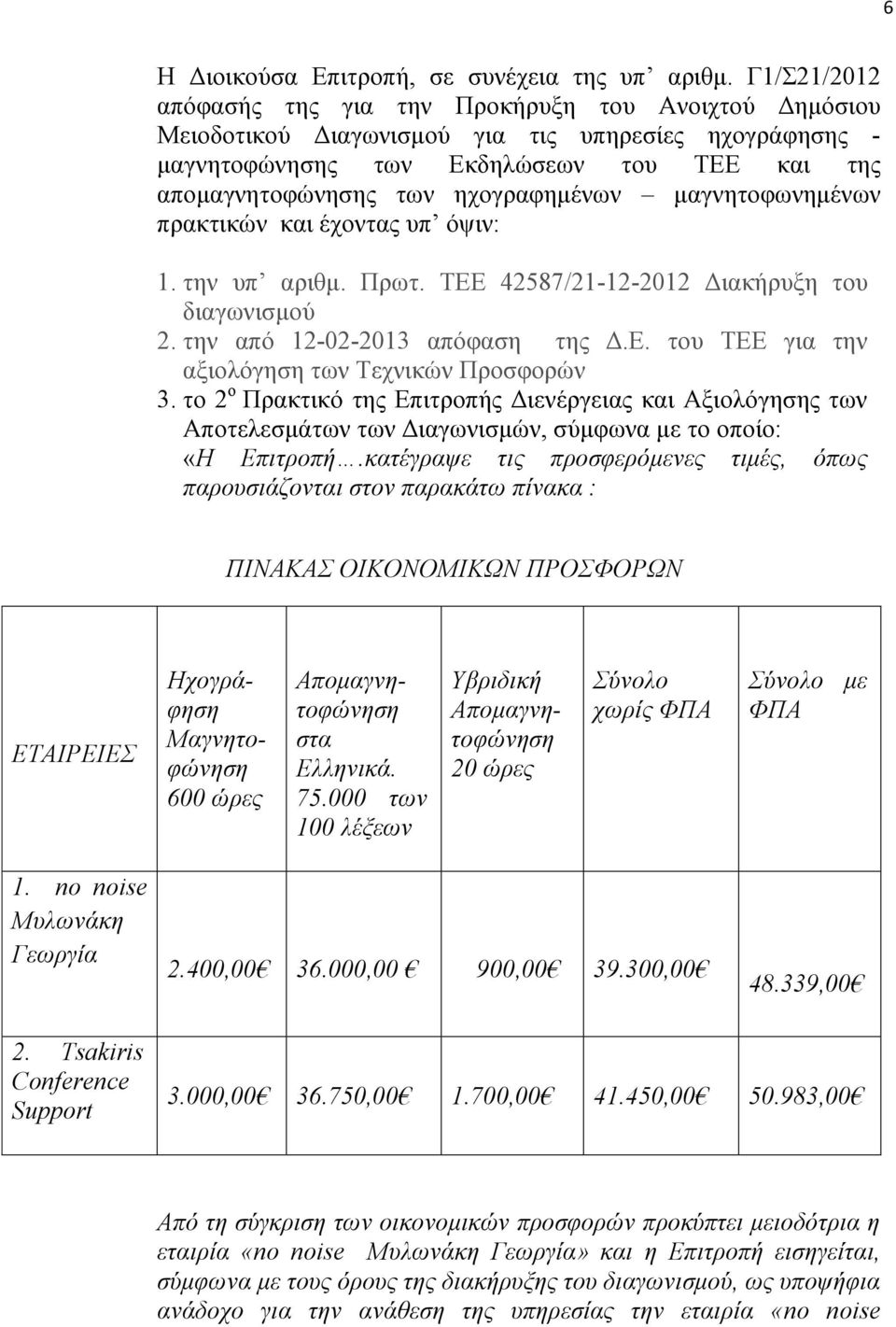 ηχογραφημένων μαγνητοφωνημένων πρακτικών και έχοντας υπ όψιν: 1. την υπ αριθμ. Πρωτ. ΤΕΕ 42587/21-12-2012 Διακήρυξη του διαγωνισμού 2. την από 12-02-2013 απόφαση της Δ.Ε. του ΤΕΕ για την αξιολόγηση των Τεχνικών Προσφορών 3.