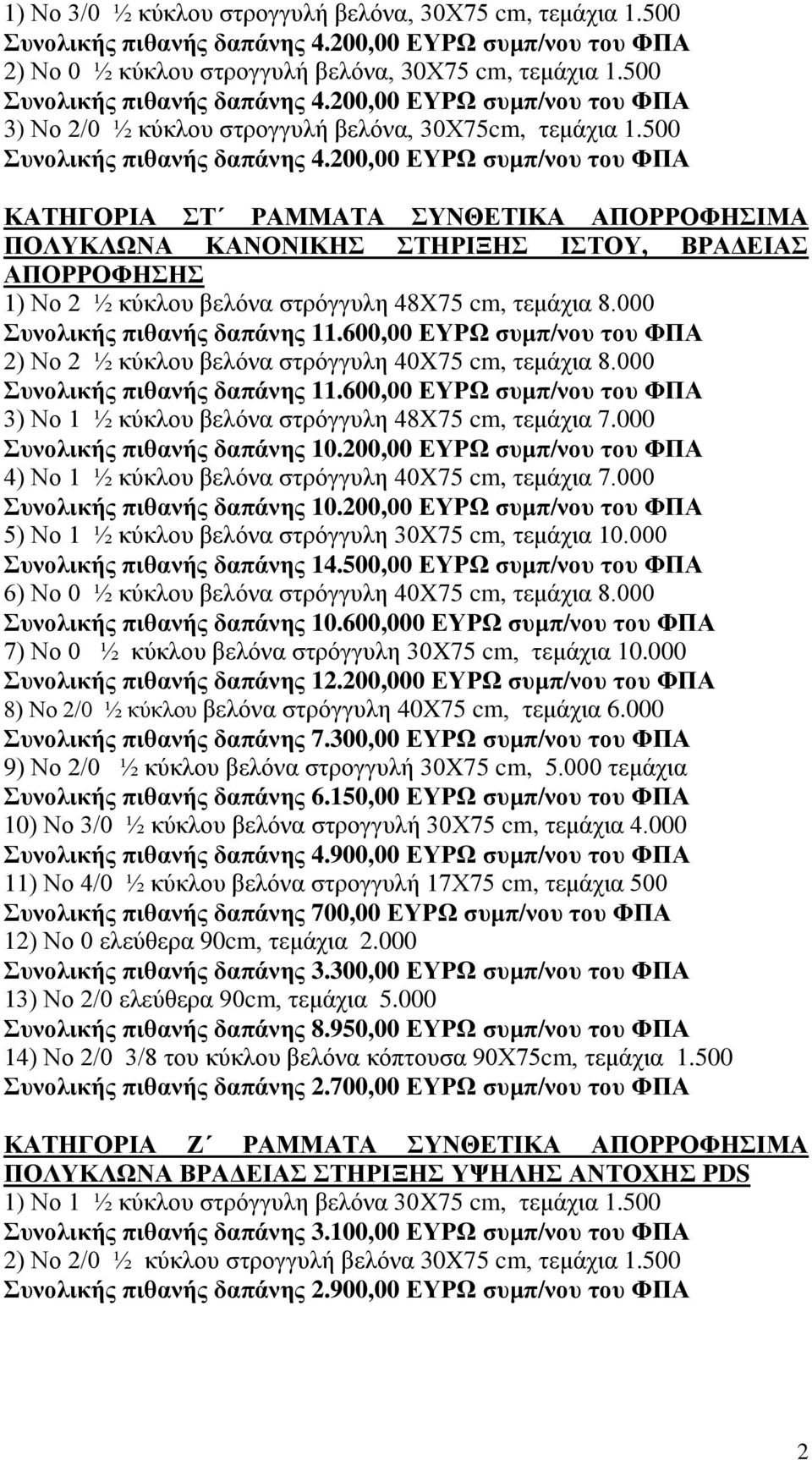 200,00 ΕΥΡΩ συμπ/νου του ΦΠΑ 3) Νο 2/0 ½ κύκλου στρογγυλή βελόνα, 30Χ75cm, τεμάχια 1.