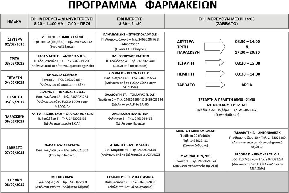 ΠΑΠΑΔΟΠΟΥΛΟΣ ΣΑΡΑΦΟΓΛΟΥ Ο.Ε. ΧΑΛΔΟΥΠΗ ΣΤ. ΤΟΜΑΡΑΣ Π. Ο.Ε. ΑΝΔΡΕΑΔΟΥ ΒΑΛΕΝΤΙΝΗ Φιλίππου 8 Τηλ. 2463024466 (Δίπλα στην Εφορία) 07/02/2015 Περδίκκα 22 (Πεζόδρ.) Τηλ.