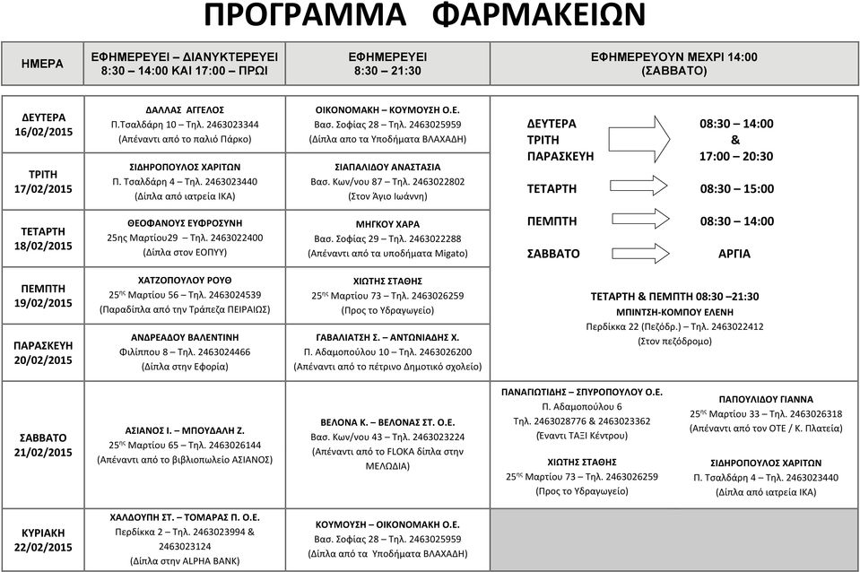 2463024539 (Παραδίπλα από την Τράπεζα ΠΕΙΡΑΙΩΣ) ΑΝΔΡΕΑΔΟΥ ΒΑΛΕΝΤΙΝΗ Φιλίππου 8 Τηλ. 2463024466 (Δίπλα στην Εφορία) ΓΑΒΑΛΙΑΤΣΗ Σ. ΑΝΤΩΝΙΑΔΗΣ Χ. 21/02/2015 Π. Αδαμοπούλου 6 Τηλ.