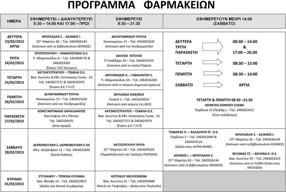 2463024054 (Απέναντι από ιατρεία της ΔΕΗ) ΧΑΤΖΗΕΥΣΤΡΑΤΙΟΥ ΤΣΑΒΛΗ O.E. 28/02/2015 ΧΑΤΖΟΠΟΥΛΟΥ ΡΟΥΘ 25 ης Μαρτίου 56 Τηλ.