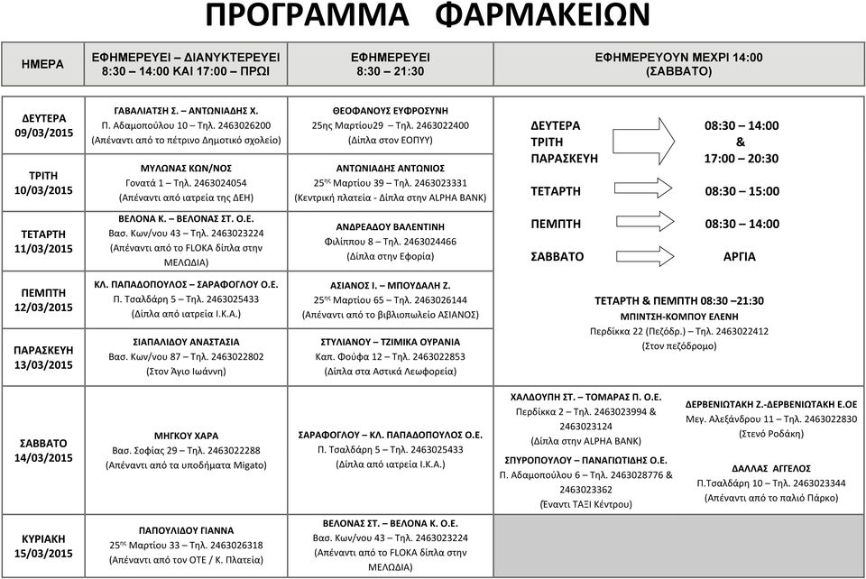 ΠΑΠΑΔΟΠΟΥΛΟΣ ΣΑΡΑΦΟΓΛΟΥ Ο.Ε. ΣΤΥΛΙΑΝΟΥ ΤΖΙΜΙΚΑ ΟΥΡΑΝΙΑ Καπ. Φούφα 12 Τηλ. 2463022853 (Δίπλα στα Αστικά Λεωφορεία) 14/03/2015 ΣΑΡΑΦΟΓΛΟΥ ΚΛ. ΠΑΠΑΔΟΠΟΥΛΟΣ Ο.Ε. ΧΑΛΔΟΥΠΗ ΣΤ.