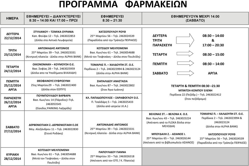 2463054688 (Μετά τον Τσιφτσάκη Δίπλα στον Πουλτίδη) 17:00 20:30 24/12/2014 ΟΙΚΟΝΟΜΑΚΗ ΚΟΥΜΟΥΣΗ Ο.Ε. (Δίπλα απο τα Υποδήματα ΒΛΑΧΑΔΗ) 25/12/2014 ΑΡΓΙΑ 26/12/2014 ΑΡΓΙΑ ΠΟΥΜΠΟΥΛΙΔΟΥ ΒΑΡΒΑΡΑ Βασ.