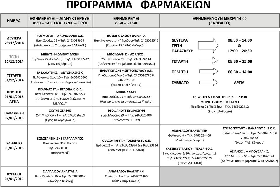 01/01/2015 ΑΡΓΙΑ 02/01/2015 03/01/2015 ΧΑΛΔΟΥΠΗ ΣΤ. ΤΟΜΑΡΑΣ Π. Ο.Ε. ΑΝΔΡΕΑΔΟΥ ΒΑΛΕΝΤΙΝΗ Φιλίππου 8 Τηλ.