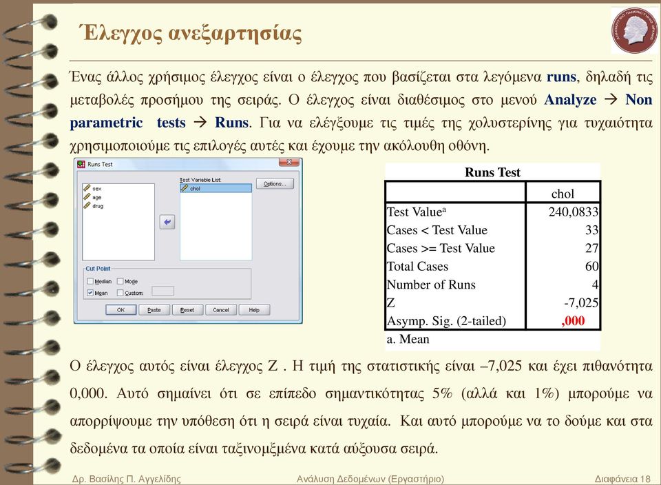 Runs Test chol Test Value a 240,0833 Cases < Test Value 33 Cases >= Test Value 27 Total Cases 60 Number of Runs 4 Z -7,025 Asymp. Sig. (2-tailed),000 a. Mean Ο έλεγχος αυτός είναι έλεγχος Z.