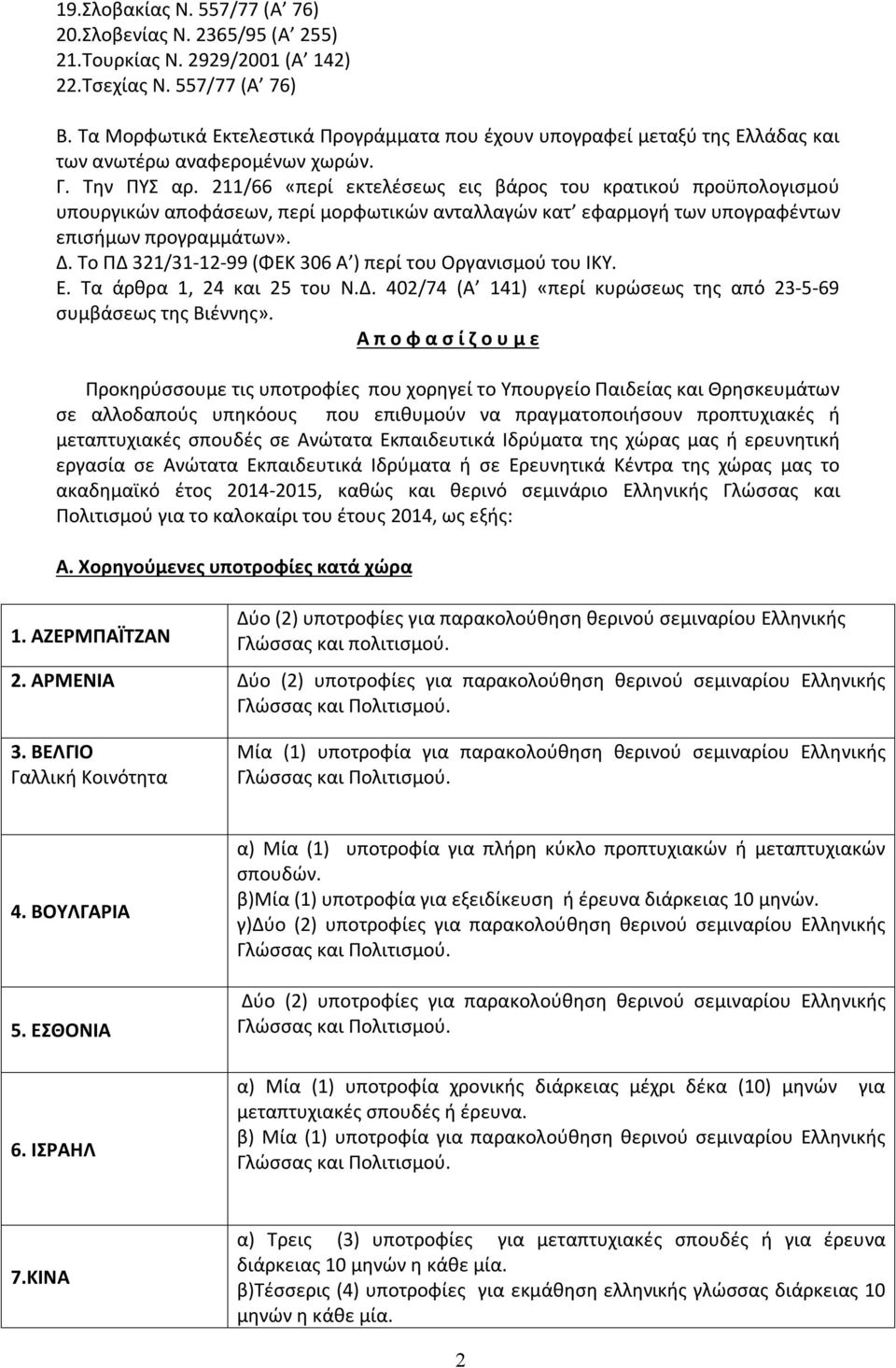 211/66 «περί εκτελέσεως εις βάρος του κρατικού προϋπολογισμού υπουργικών αποφάσεων, περί μορφωτικών ανταλλαγών κατ εφαρμογή των υπογραφέντων επισήμων προγραμμάτων». Δ.