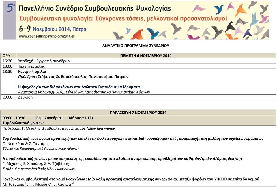 Συνεδρία 1: (Αίθουσα Ι-12) Συμβουλευτική γονέων Πρόεδρος: Γ.