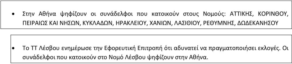 ΔΩΔΕΚΑΝΗΣΟΥ Το ΤΤ Λέσβου ενημέρωσε την Εφορευτική Επιτροπή ότι αδυνατεί να