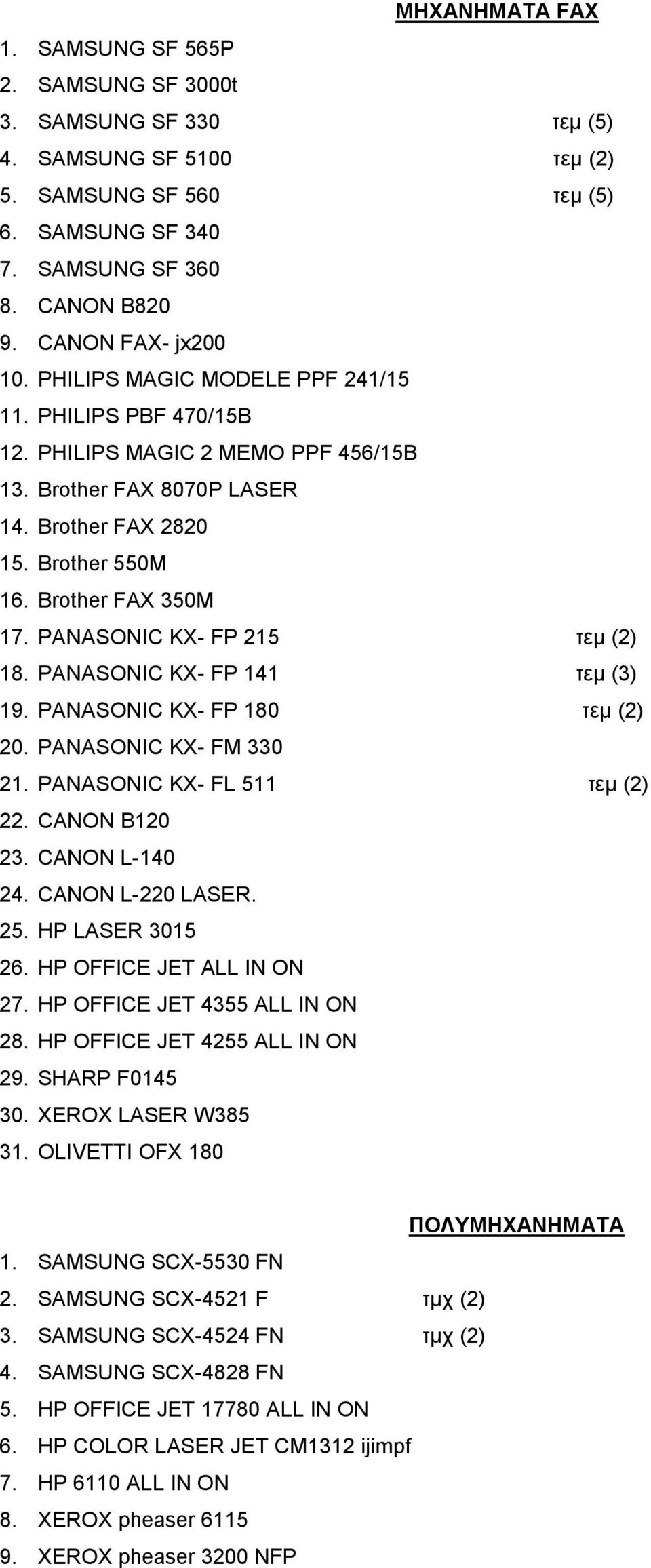 Brother FAX 350M 17. PANASONIC KX- FP 215 ηεκ (2) 18. PANASONIC KX- FP 141 ηεκ (3) 19. PANASONIC KX- FP 180 ηεκ (2) 20. PANASONIC KX- FM 330 21. PANASONIC KX- FL 511 ηεκ (2) 22. CANON B120 23.