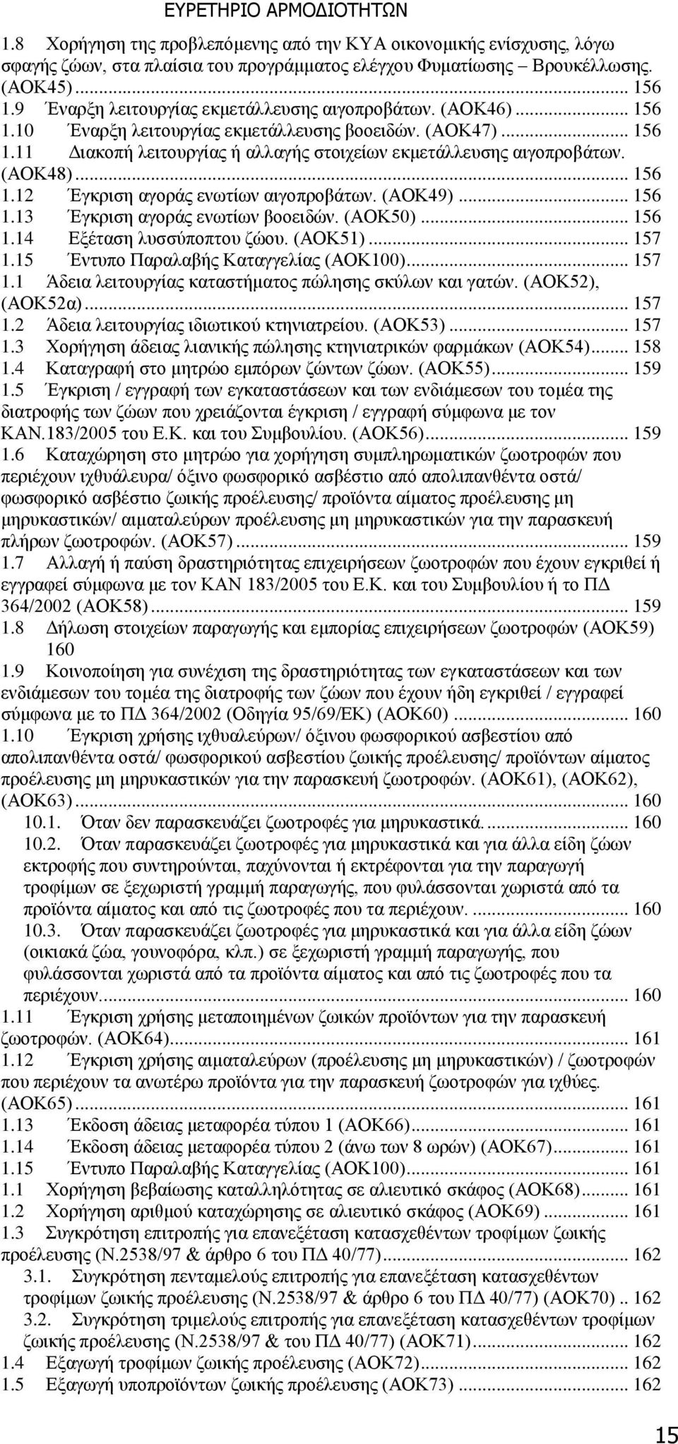 (ΑΟΚ48)... 156 1.12 Έγκριση αγοράς ενωτίων αιγοπροβάτων. (ΑΟΚ49)... 156 1.13 Έγκριση αγοράς ενωτίων βοοειδών. (ΑΟΚ50)... 156 1.14 Εξέταση λυσσύποπτου ζώου. (ΑΟΚ51)... 157 1.