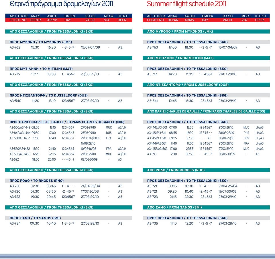 (DUS) A3-540 11:20 13:10 1234567 27/03-29/10 - A3 A3-541 12:45 16:30 1234567 27/03-29/10 - A3 ΑΠΟ ΠΑΡΙΣΙ CHARLES DE GAULLE / FROM PARIS CHARLES DE GAULLE (CDG) ΠΡΟΣ ΠΑΡΙΣΙ CHARLES DE GAULLE / TO