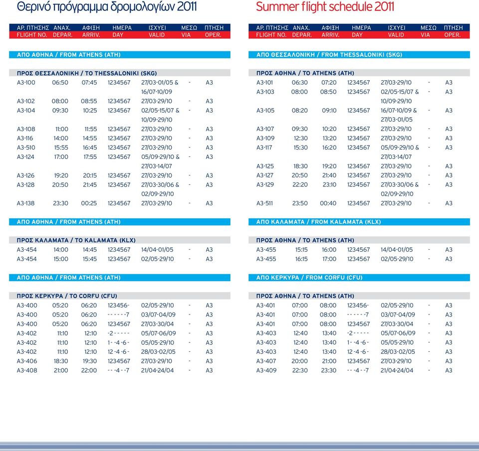 A3-128 20:50 21:45 1234567 27/03-30/06 & - A3 02/09-29/10 A3-138 23:30 00:25 1234567 27/03-29/10 - A3 A3-101 06:30 07:20 1234567 27/03-29/10 - A3 A3-103 08:00 08:50 1234567 02/05-15/07 & - A3