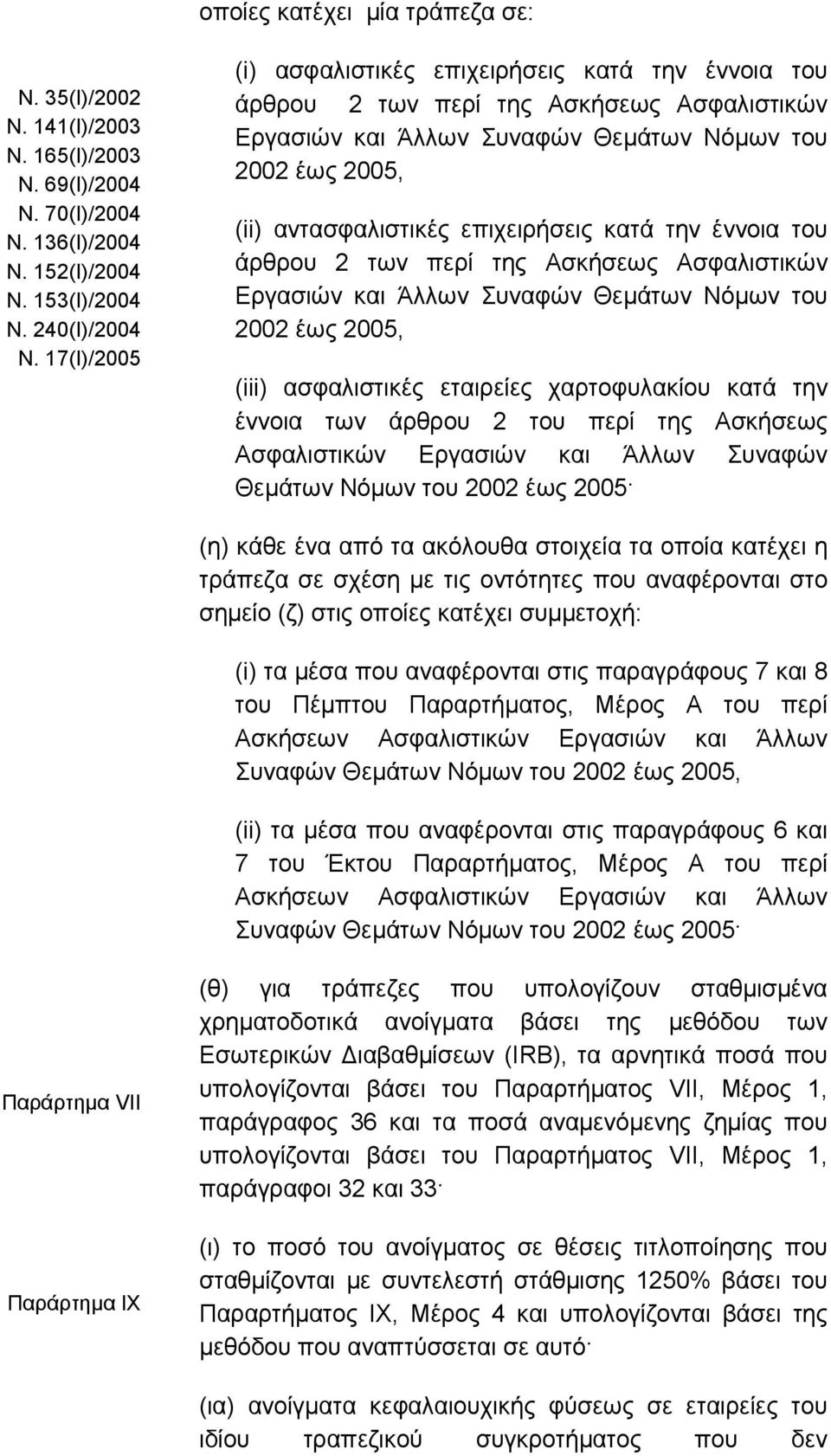 κατά την έννοια του άρθρου 2 των περί της Ασκήσεως Ασφαλιστικών Εργασιών και Άλλων Συναφών Θεµάτων Νόµων του 2002 έως 2005, (iii) ασφαλιστικές εταιρείες χαρτοφυλακίου κατά την έννοια των άρθρου 2 του