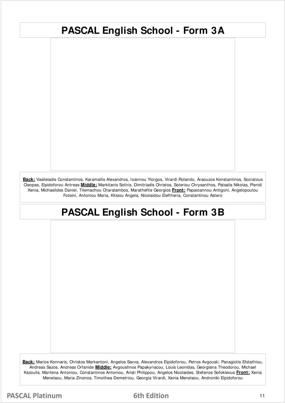 Angelopoulou Foteini, Antoniou Maria, Kitsiou Angela, Nicolaidou Eleftheria, Constantinou Astero PASCAL English School - Form 3B Back: Marios Konnaris, Christos Markantoni, Angelos Savva, Alexandros