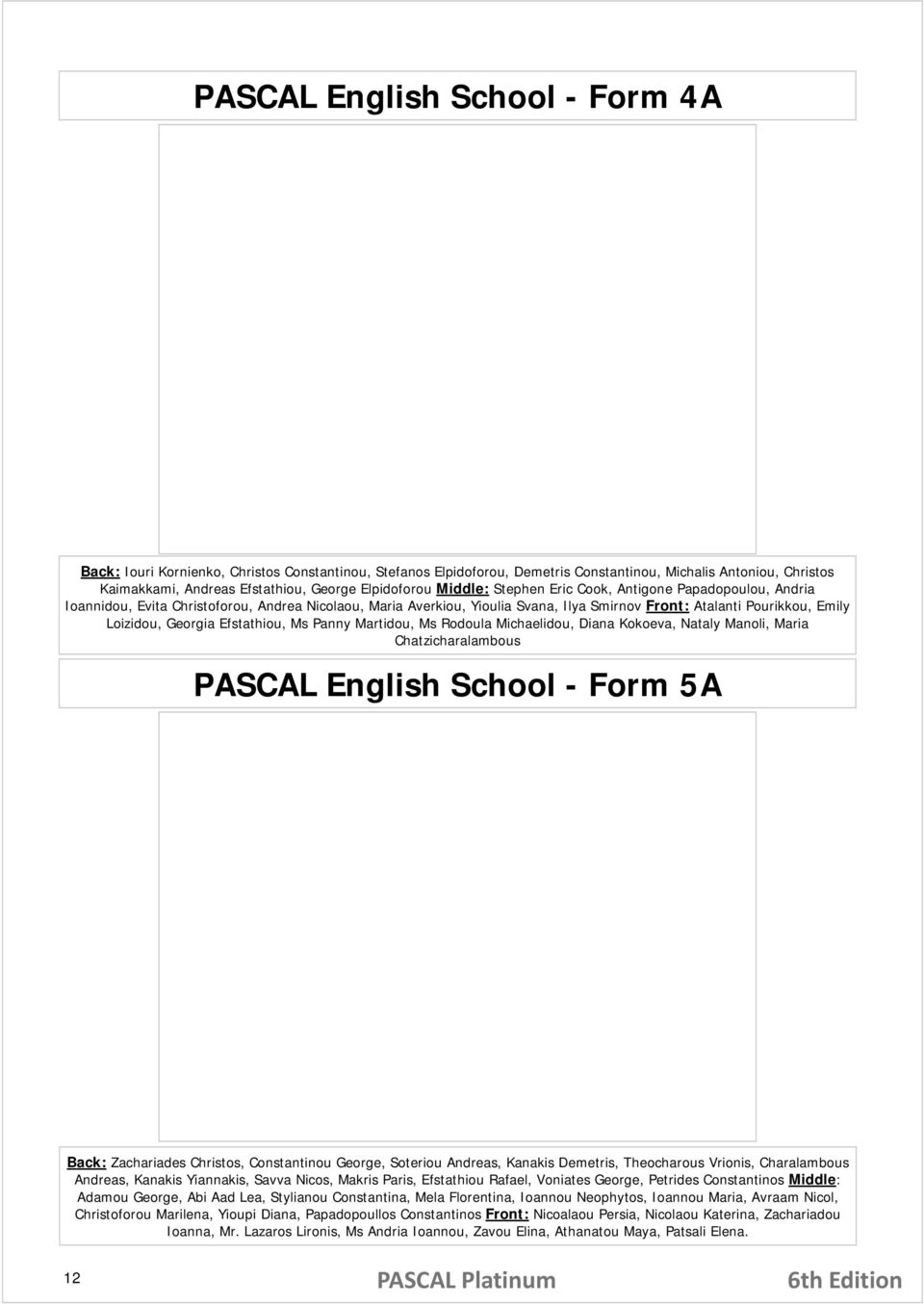 Loizidou, Georgia Efstathiou, Ms Panny Martidou, Ms Rodoula Michaelidou, Diana Kokoeva, Nataly Manoli, Maria Chatzicharalambous PASCAL English School - Form 5A Back: Zachariades Christos,