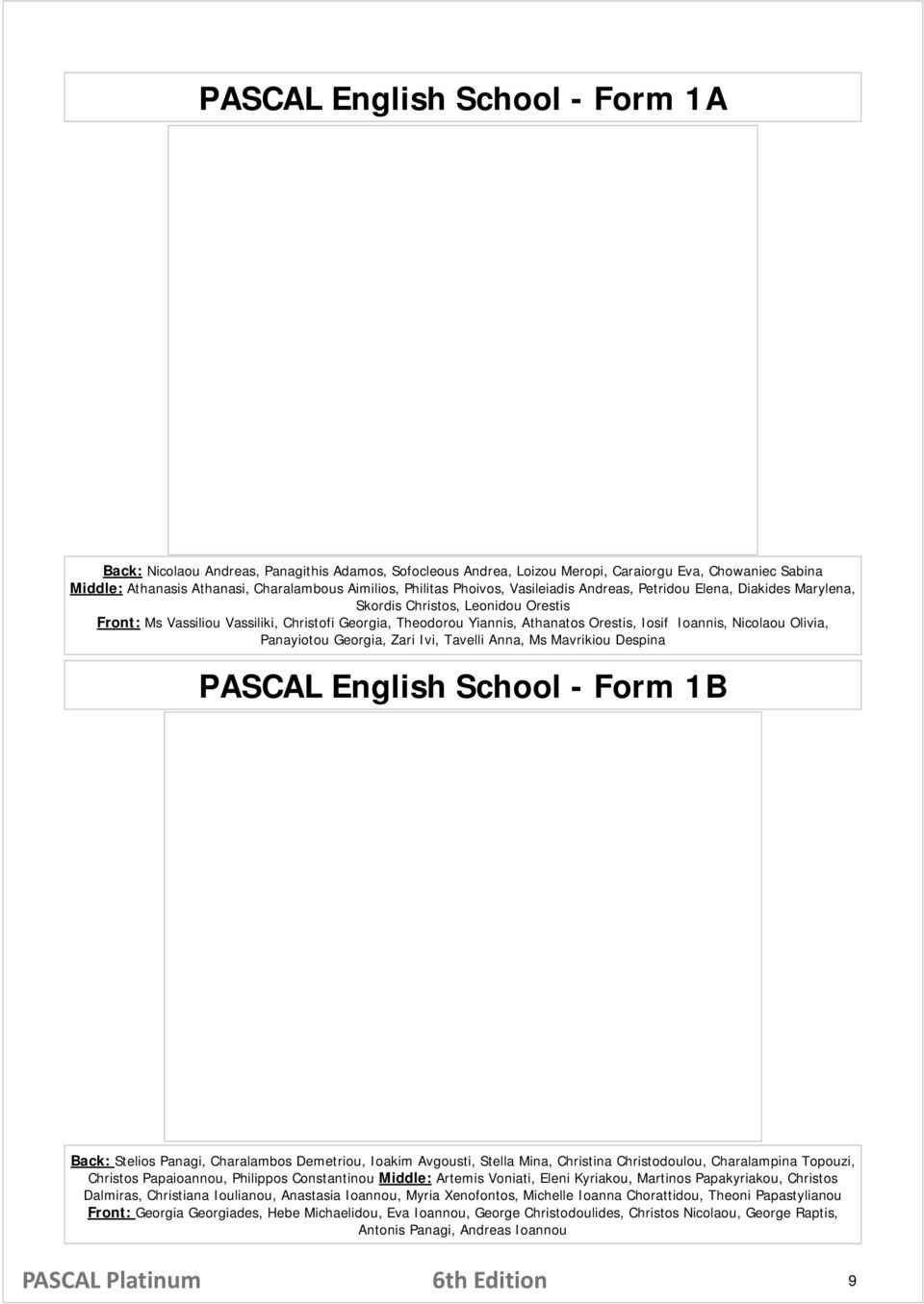 Iosif Ioannis, Nicolaou Olivia, Panayiotou Georgia, Zari Ivi, Tavelli Anna, Ms Mavrikiou Despina PASCAL English School - Form 1B Back: Stelios Panagi, Charalambos Demetriou, Ioakim Avgousti, Stella