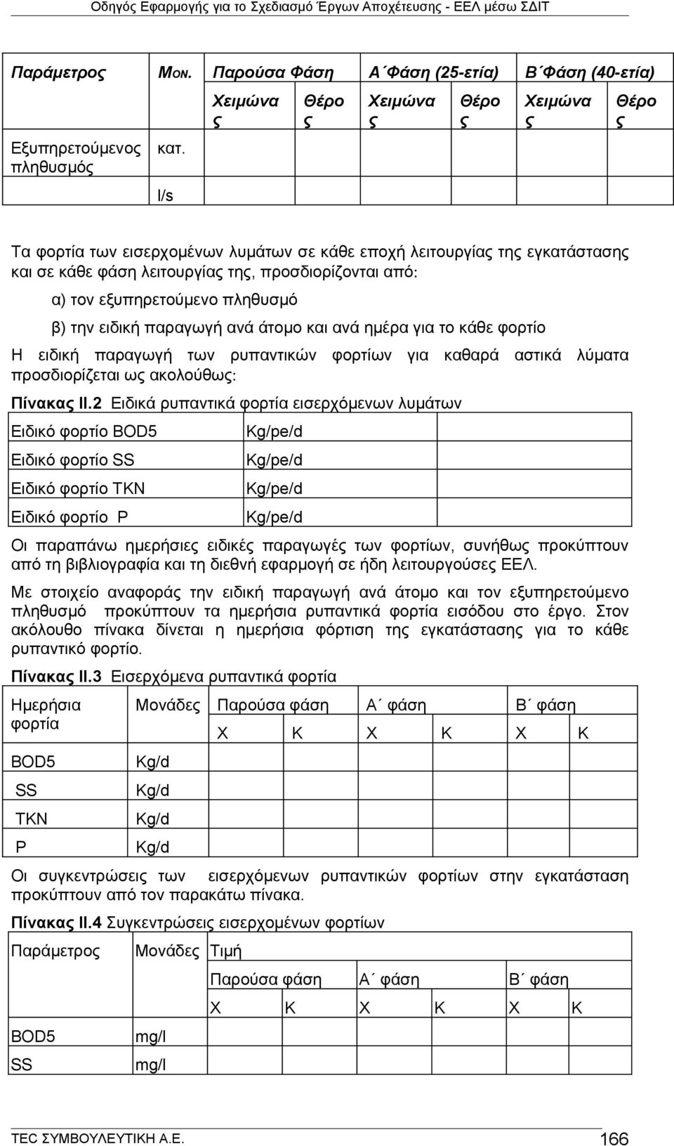 εξυπηρετούμενο πληθυσμό β) την ειδική παραγωγή ανά άτομο και ανά ημέρα για το κάθε φορτίο Η ειδική παραγωγή των ρυπαντικών φορτίων για καθαρά αστικά λύματα προσδιορίζεται ως ακολούθως: Πίνακας ΙΙ.