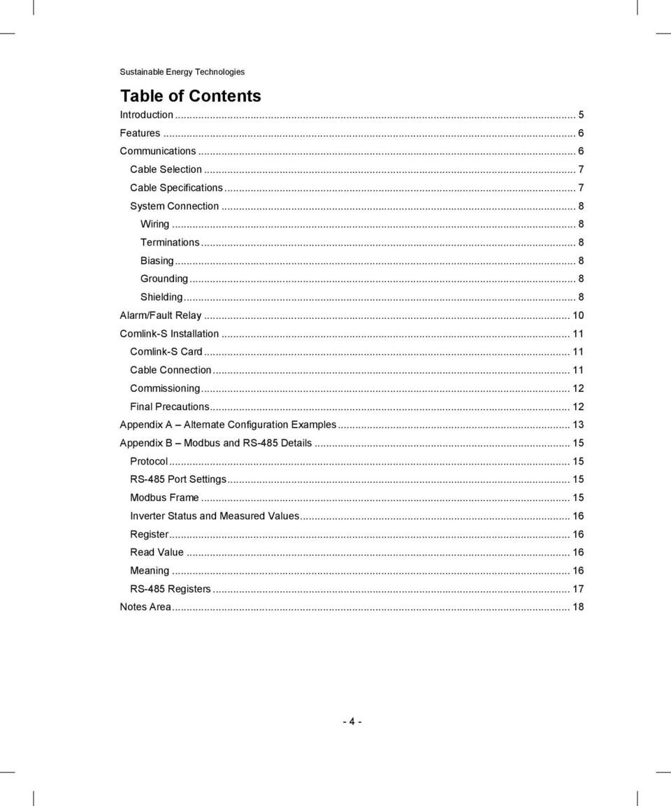 .. 11 Commissioning... 12 Final Precautions... 12 Appendix A Alternate Configuration Examples... 13 Appendix B Modbus and RS-485 Details... 15 Protocol.