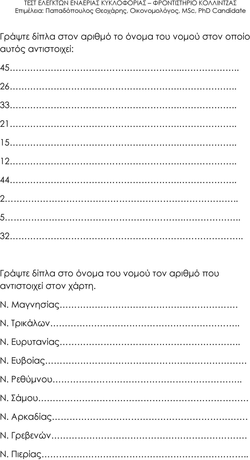 . Γράψτε δίπλα στο όνομα του νομού τον αριθμό που αντιστοιχεί στον χάρτη. Ν.