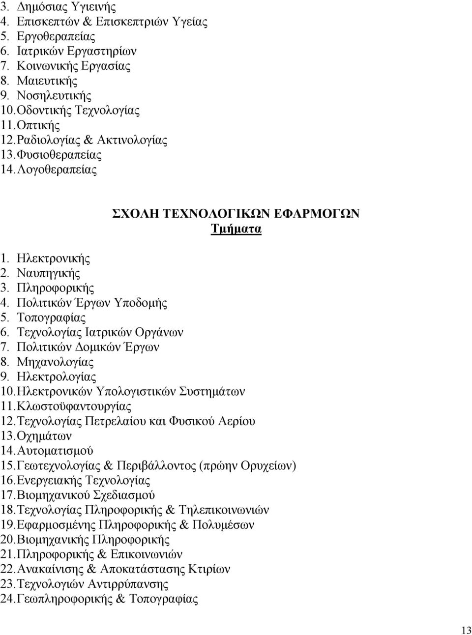 Τεχνολογίας Ιατρικών Οργάνων 7. Πολιτικών οµικών Έργων 8. Μηχανολογίας 9. Ηλεκτρολογίας 10. Ηλεκτρονικών Υπολογιστικών Συστηµάτων 11. Κλωστοϋφαντουργίας 12.