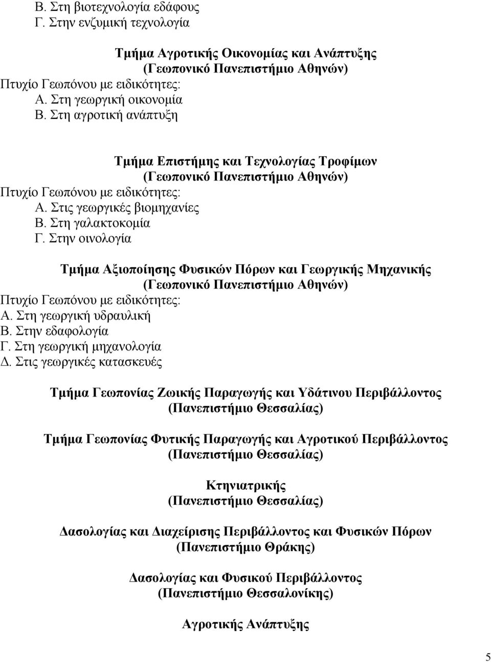 Στην οινολογία Τµήµα Αξιοποίησης Φυσικών Πόρων και Γεωργικής Μηχανικής (Γεωπονικό Πανεπιστήµιο Αθηνών) Πτυχίο Γεωπόνου µε ειδικότητες: Α. Στη γεωργική υδραυλική Β. Στην εδαφολογία Γ.