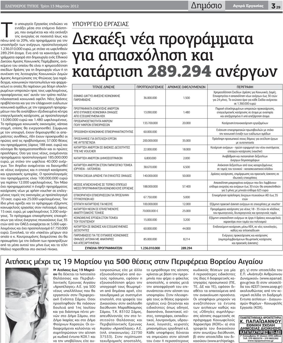 Ενα από τα καινοτόμα προγράμματα αφορά στη δημιουργία ενός Εθνικού Δικτύου Αμεσης Κοινωνικής Παρέμβασης, αντικείμενο του οποίου θα είναι η χρηματοδότηση σχεδίων δράσης για τη δημιουργία νέων ή τη