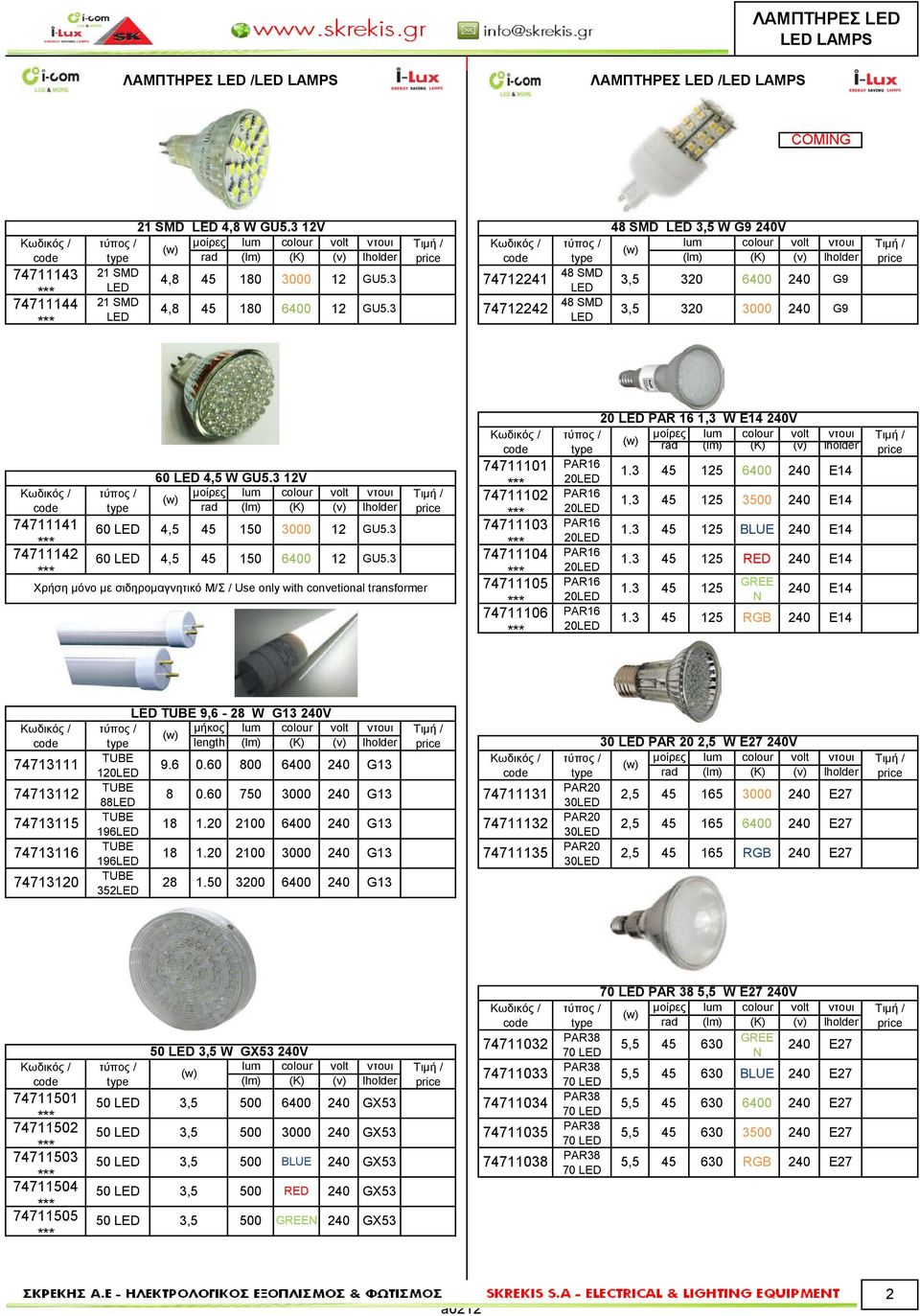 3 Χρήση μόνο με σιδηρομαγνητικό Μ/Σ / Use only with convetional transformer 74711101 74711102 74711103 74711104 74711105 74711106 20 PAR 16 1,3 W E14 V 20 1.3 45 5 6400 E14 20 1.3 45 5 3500 E14 20 1.