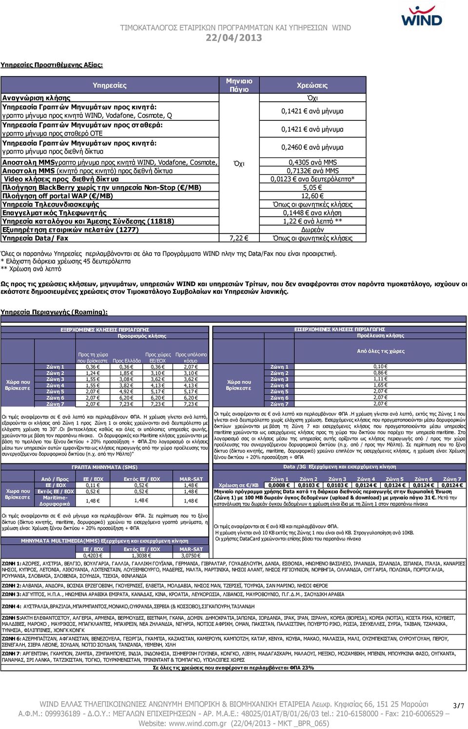 μήνυμα προς κινητά WIND, Vodafone, Cosmote, Q Όχι 0,4305 ανά MMS Αποστολη MMS (κινητό προς κινητό) προς διεθνή δίκτυα 0,7132 ανά MMS Video κλήσεις προς διεθνή δίκτυα 0,0123 ανα δευτερόλεπτο* Πλοήγηση