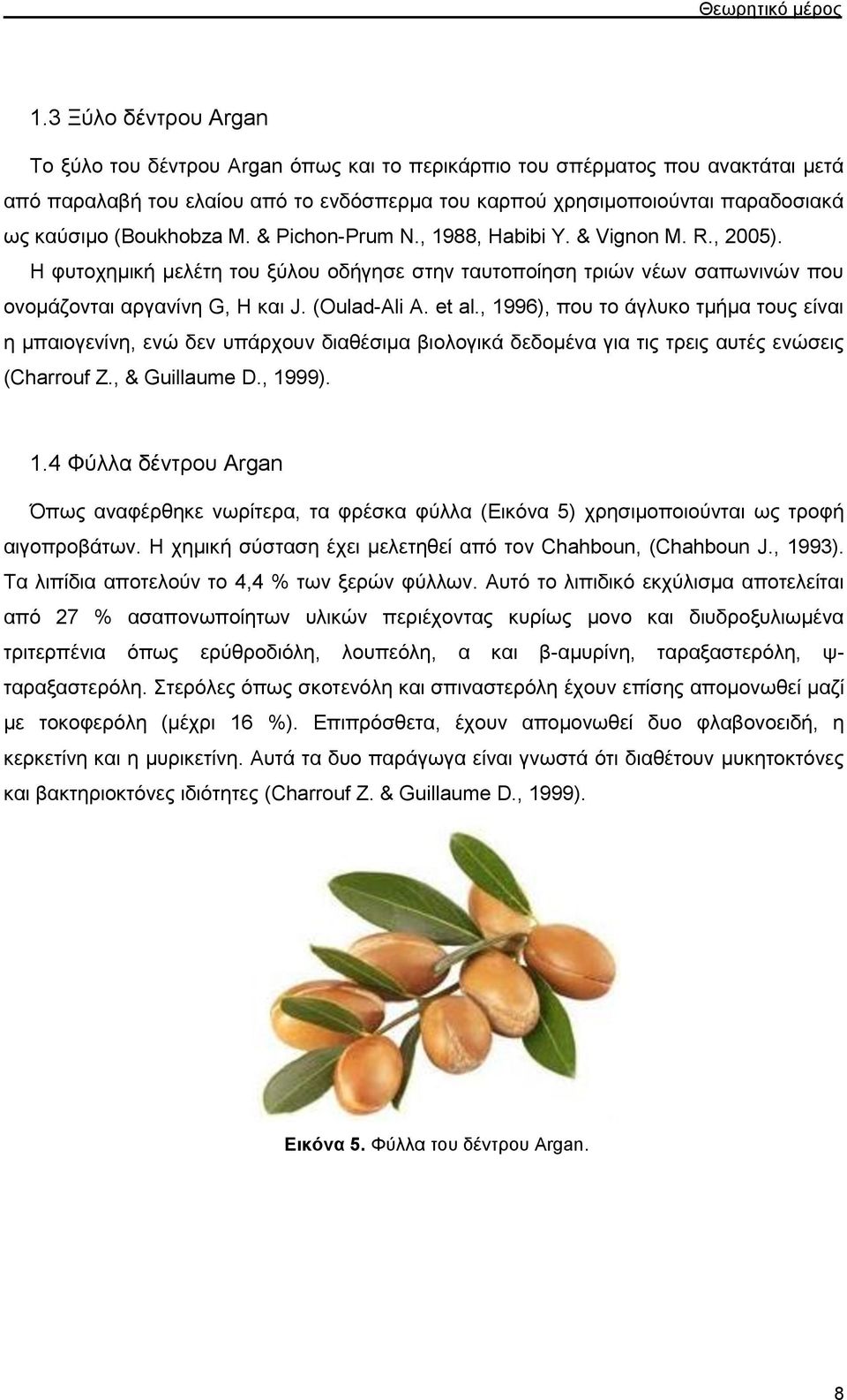 et al., 1996), που το άγλυκο τμήμα τους είναι η μπαιογενίνη, ενώ δεν υπάρχουν διαθέσιμα βιολογικά δεδομένα για τις τρεις αυτές ενώσεις (Charrouf Z., & Guillaume D., 1999). 1.4 Φύλλα δέντρου Argan Όπως αναφέρθηκε νωρίτερα, τα φρέσκα φύλλα (Εικόνα 5) χρησιμοποιούνται ως τροφή αιγοπροβάτων.