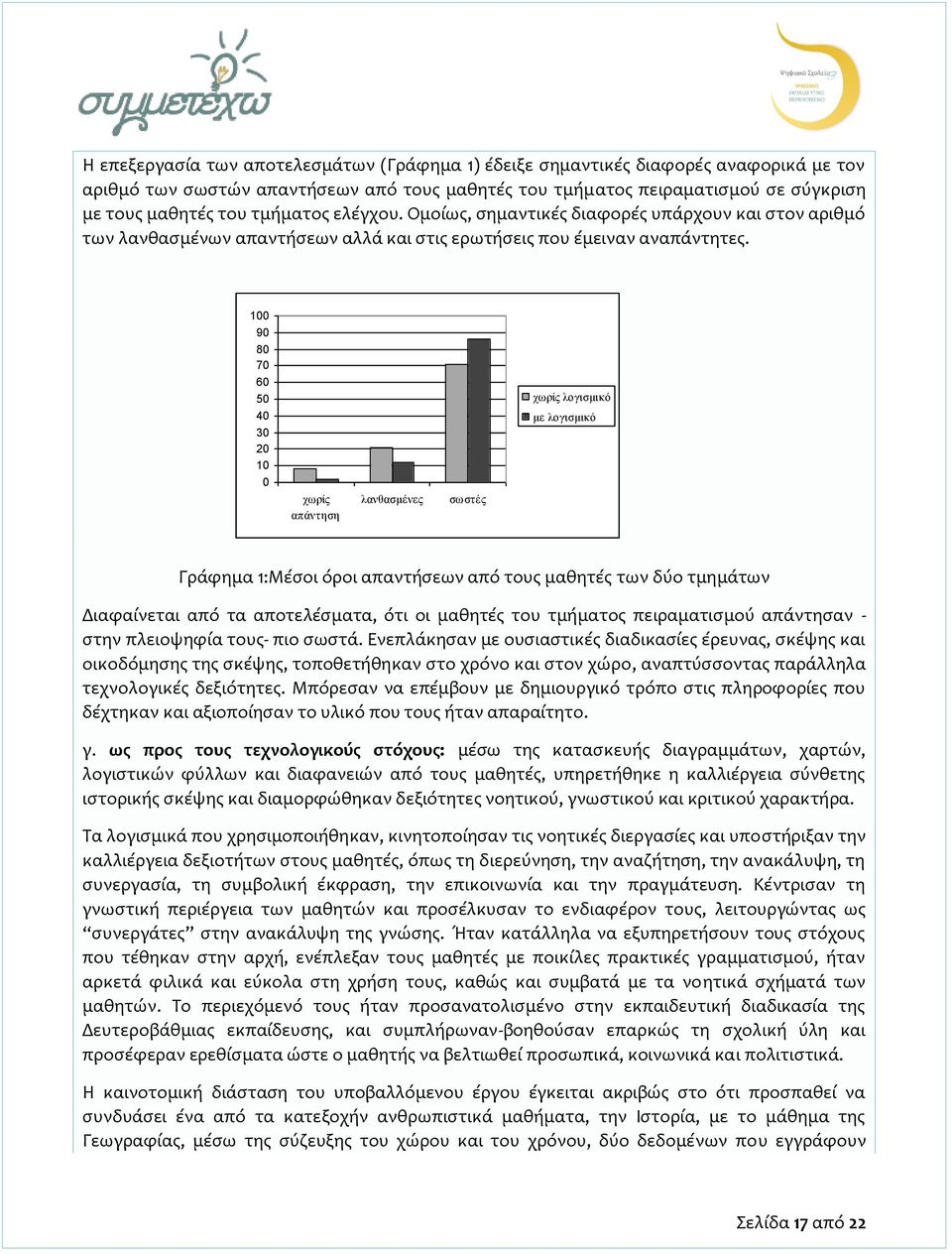 100 90 80 70 60 50 40 30 20 10 0 χωρίς απάντηση λανθασμένες σωστές χωρίς λογισμικό με λογισμικό Γράφημα 1:Μέσοι όροι απαντήσεων από τους μαθητές των δύο τμημάτων Διαφαίνεται από τα αποτελέσματα, ότι