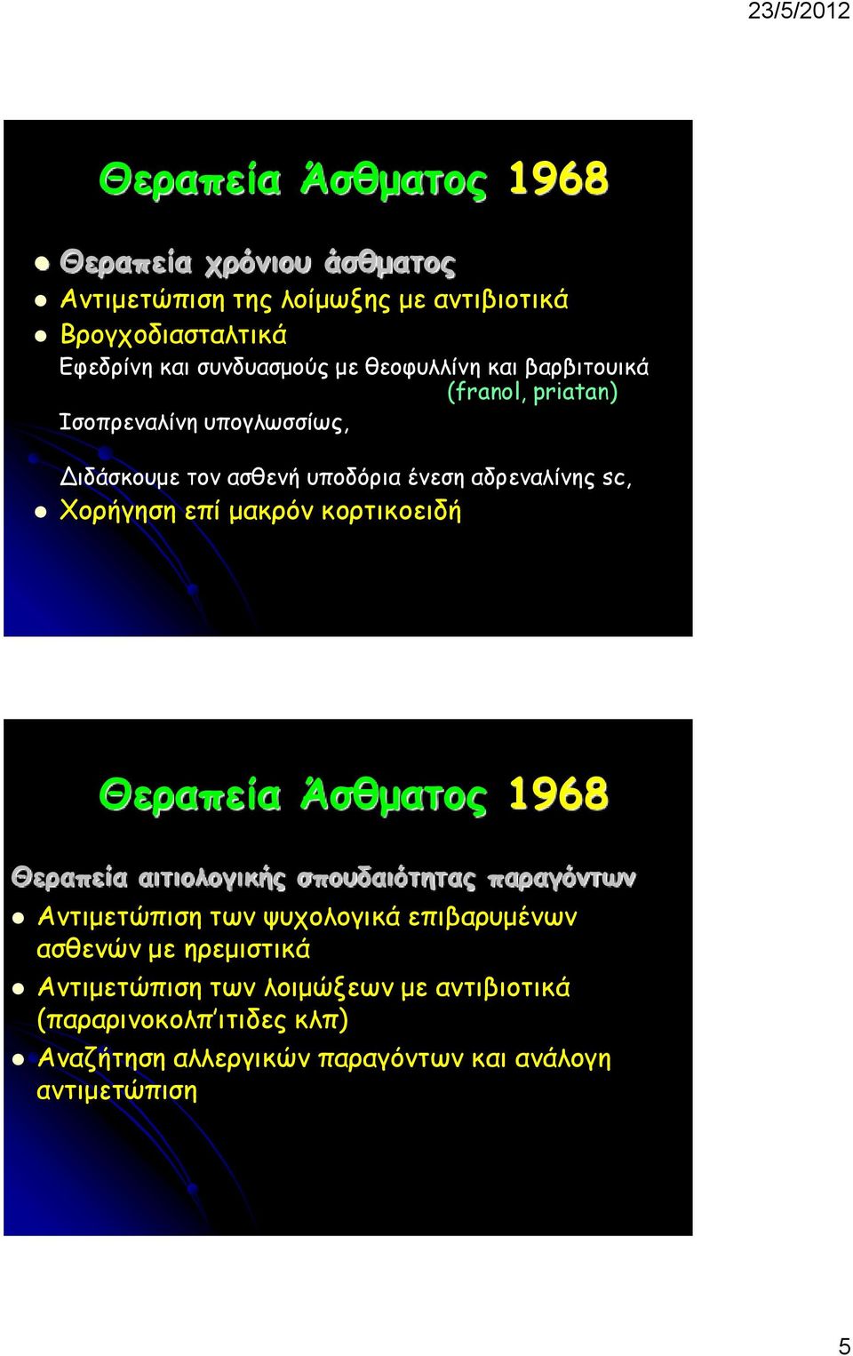 μακρόν κορτικοειδή Θεραπεία Άσθματος 1968 Θεραπεία αιτιολογικής σπουδαιότητας παραγόντων Αντιμετώπιση των ψυχολογικά επιβαρυμένων ασθενών