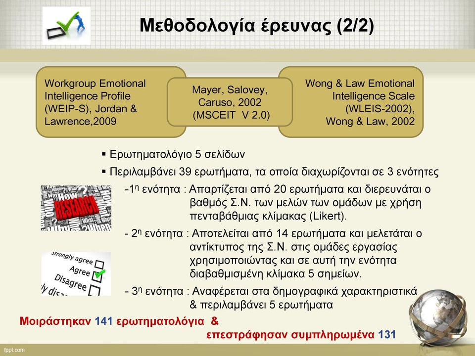 από 20 ερωτήματα και διερευνάται ο βαθμός Σ.Ν. των μελών των ομάδων με χρήση πενταβάθμιας κλίμακας (Likert). - 2 η ενότητα : Αποτελείται από 14 ερωτήματα και μελετάται ο αντίκτυπος της Σ.Ν. στις ομάδες εργασίας χρησιμοποιώντας και σε αυτή την ενότητα διαβαθμισμένη κλίμακα 5 σημείων.