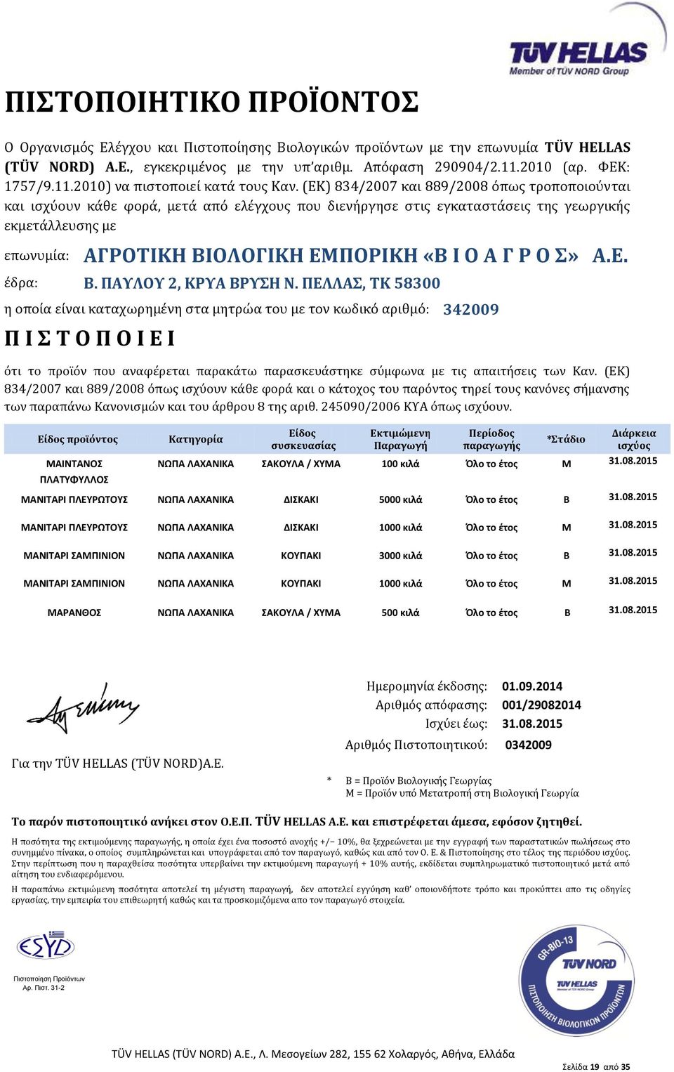 08.2015 ΜΑΝΙΤΑΡΙ ΣΑΜΠΙΝΙΟΝ ΝΩΠΑ ΛΑΧΑΝΙΚΑ ΚΟΥΠΑΚΙ 1000 κιλά Όλο το έτος Μ 31.08.2015 ΜΑΡΑΝΘΟΣ ΝΩΠΑ ΛΑΧΑΝΙΚΑ ΣΑΚΟΥΛΑ / ΧΥΜΑ 500 κιλά Όλο το έτος Β 31.08.2015 συνημμένο πίνακα, ο οποίος συμπληρώνεται και υπογράφεται από τον παραγωγό, καθώς και από τον Ο.