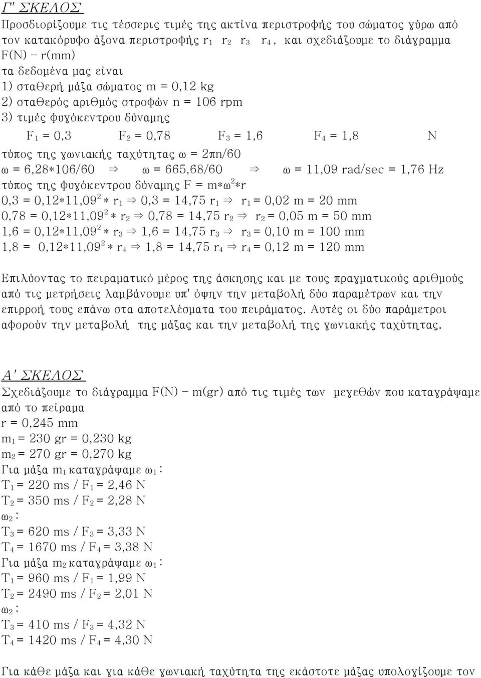 6,28*106/60 ω = 665,68/60 ω = 11,09 rad/sec = 1,76 Hz τύπος της φυγόκεντρου δύναμης F = m*ω 2 *r 0,3 = 0,12*11,09 2 * r 1 0,3 = 14,75 r 1 r 1 = 0,02 m = 20 mm 0,78 = 0,12*11,09 2 * r 2 0,78 = 14,75 r