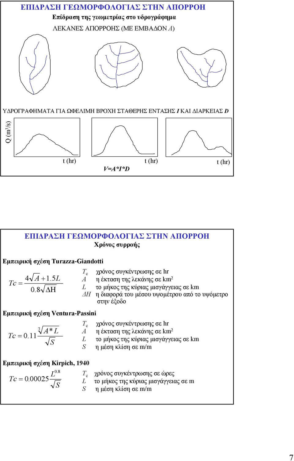 3 A* L Εµπειρική σχέση Kirpich, 94 S T c χρόνος συγκέντρωσης σε hr A η έκταση της λεκάνης σε km 2 L το µήκος της κύριας µισγάγγειας σε km Η ηδιαφοράτουµέσου υψοµέτρου από το υψόµετρο στην έξοδο T