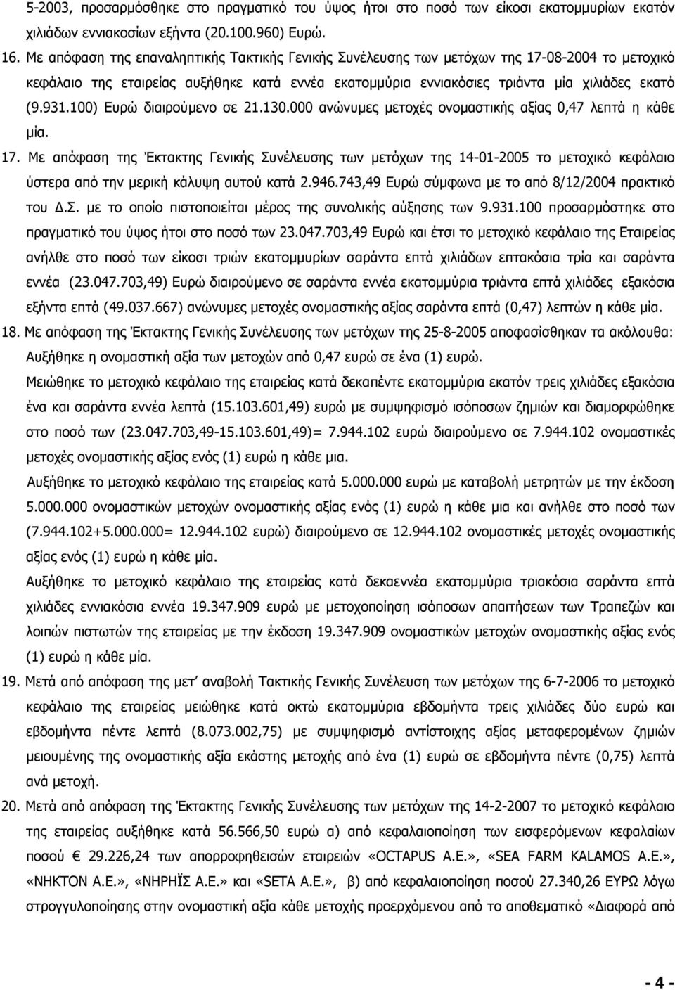 100) Ευρώ διαιρούµενο σε 21.130.000 ανώνυµες µετοχές ονοµαστικής αξίας 0,47 λεπτά η κάθε µία. 17.