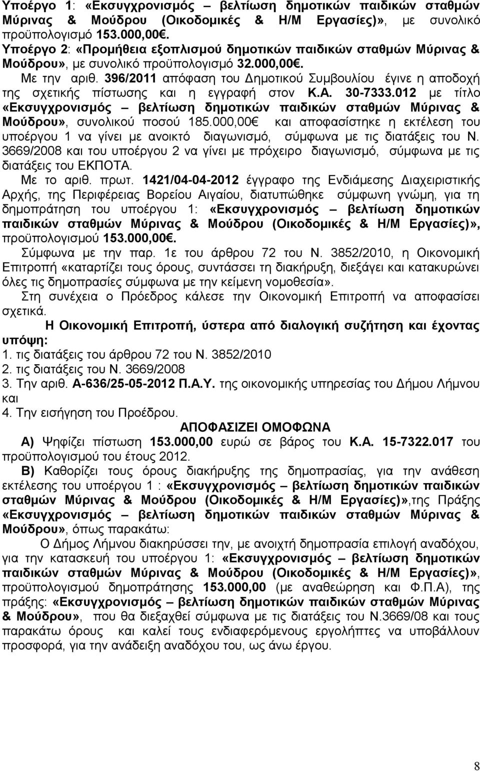 396/2011 απόφαση του Δημοτικού Συμβουλίου έγινε η αποδοχή της σχετικής πίστωσης και η εγγραφή στον Κ.Α. 30-7333.