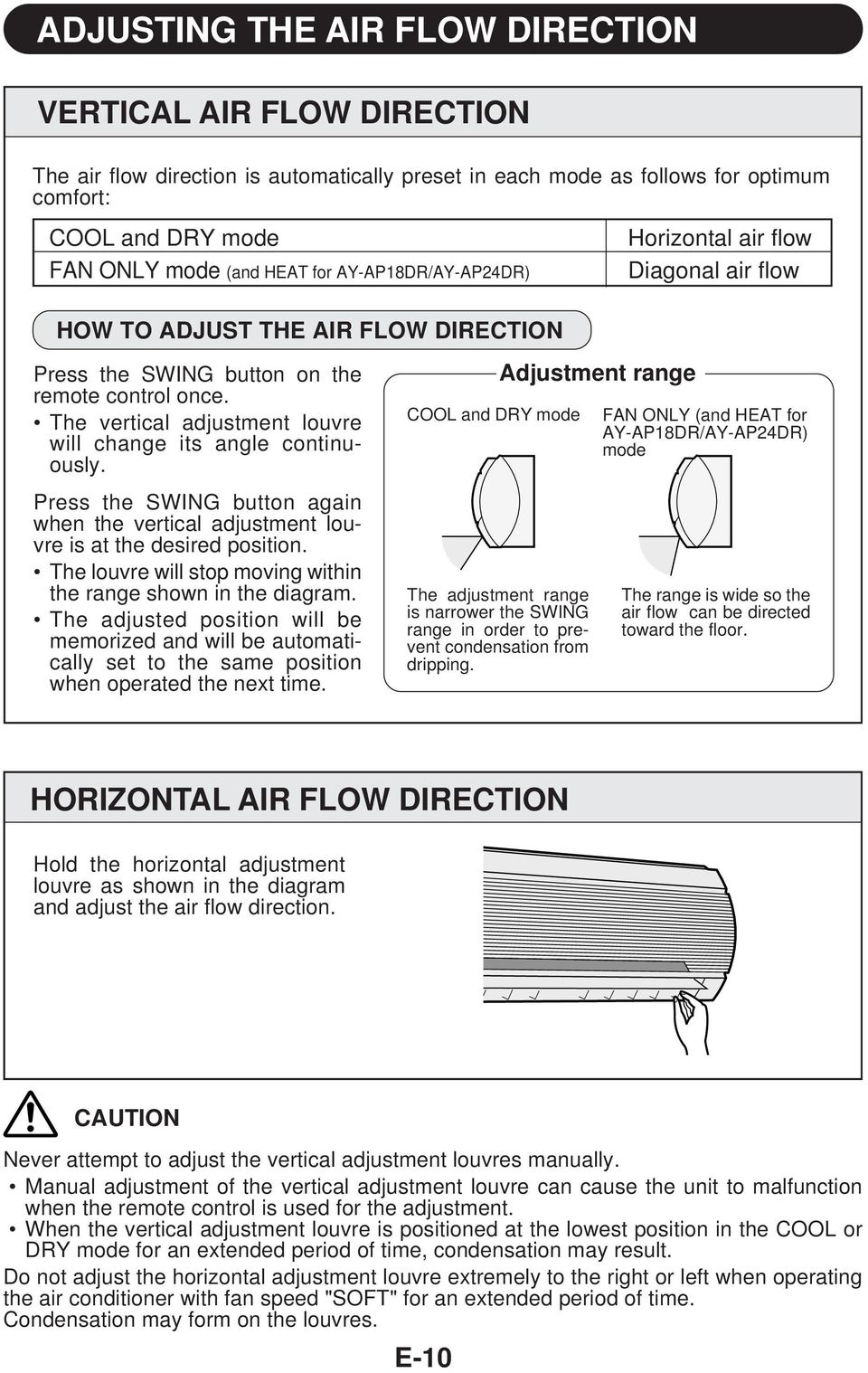 The vertical adjustment louvre will change its angle continuously. Press the SWING button again when the vertical adjustment louvre is at the desired position.