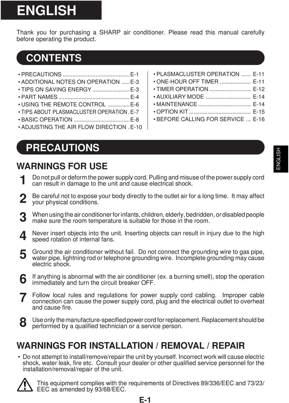 E-0 PLASMACLUSTER OPERATION... E- ONE-HOUR OFF TIMER... E- TIMER OPERATION... E- AUXILIARY MODE... E- MAINTENANCE... E- OPTION KIT... E-5 BEFORE CALLING FOR SERVICE.