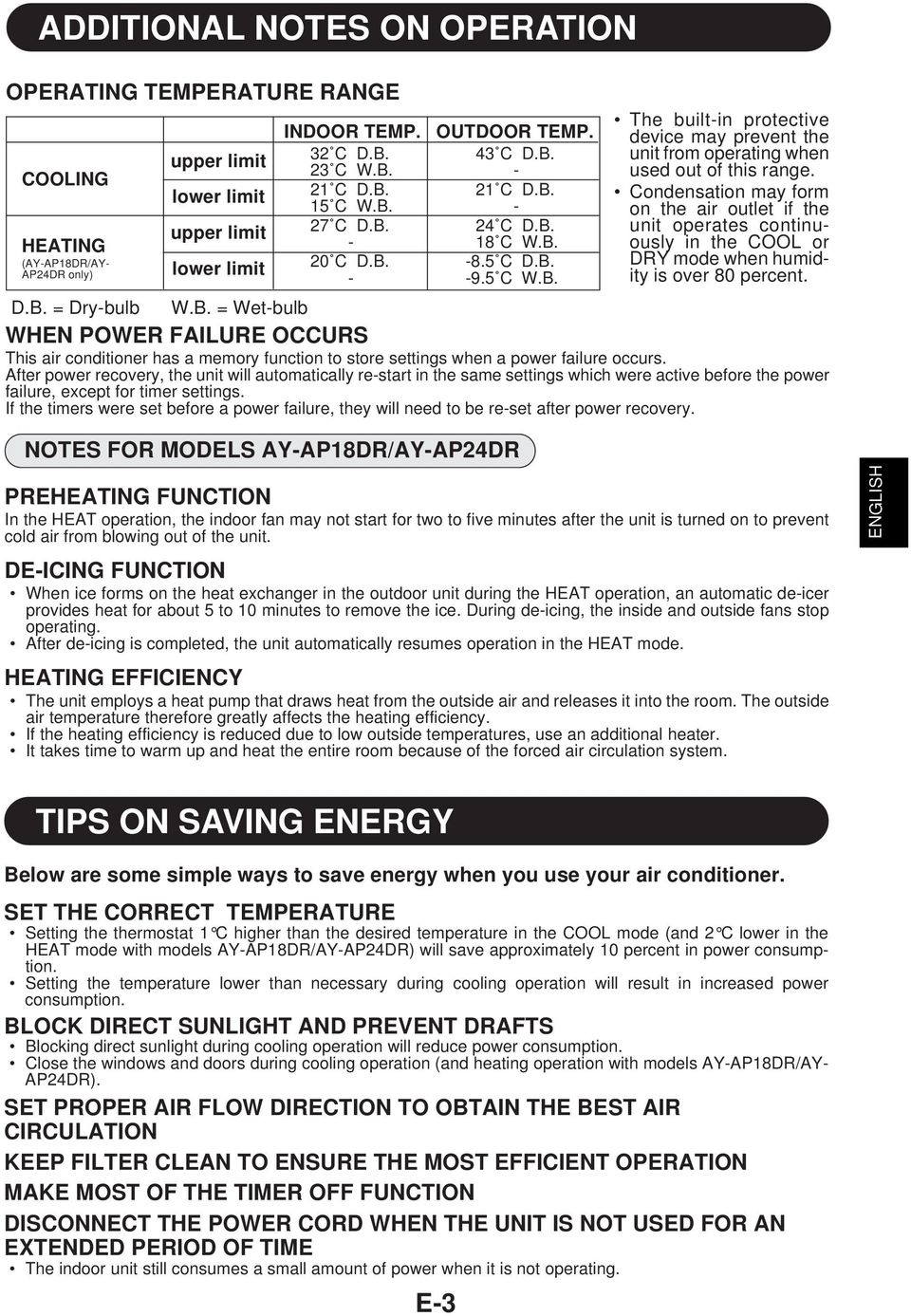 B. -8.5 C D.B. DRY mode when humidity is over 80 percent. APDR only) - -9.5 C W.B. D.B. = Dry-bulb W.B. = Wet-bulb WHEN POWER FAILURE OCCURS This air conditioner has a memory function to store settings when a power failure occurs.