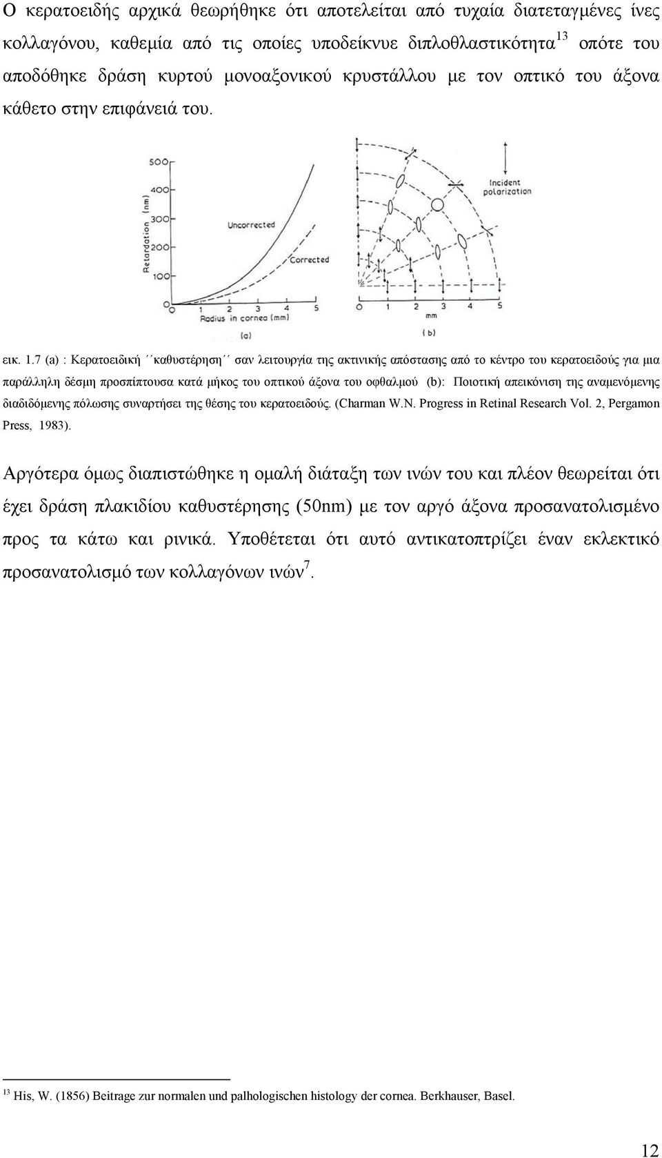 7 (a) : Κερατοειδική καθυστέρηση σαν λειτουργία της ακτινικής απόστασης από το κέντρο του κερατοειδούς για µια παράλληλη δέσµη προσπίπτουσα κατά µήκος του οπτικού άξονα του οφθαλµού (b): Ποιοτική