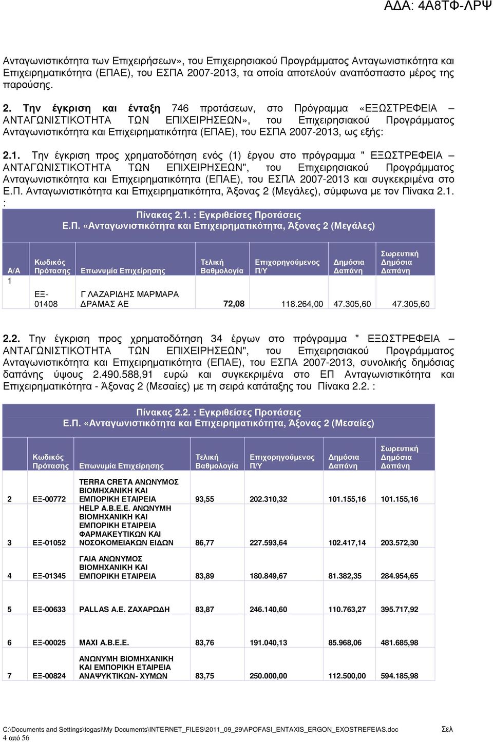 Την έγκριση και ένταξη 746 προτάσεων, στο Πρόγραµµα «ΕΞΩΣΤΡΕΦΕΙΑ ΑΝΤΑΓΩΝΙΣΤΙΚΟΤΗΤΑ ΤΩΝ ΕΠΙΧΕΙΡΗΣΕΩΝ», του Επιχειρησιακού Προγράµµατος Ανταγωνιστικότητα και Επιχειρηµατικότητα (ΕΠΑΕ), του ΕΣΠΑ