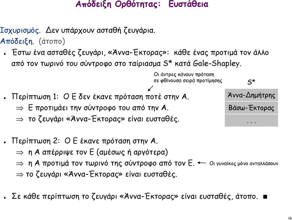 Οι άντρες κάνουν πρόταση σε φθίνουσα σειρά προτίμησης S* Περίπτωση 1: Ο Εδεν έκανε πρόταση ποτέ στην A. Ε προτιμάει την σύντροφο του από την Α.