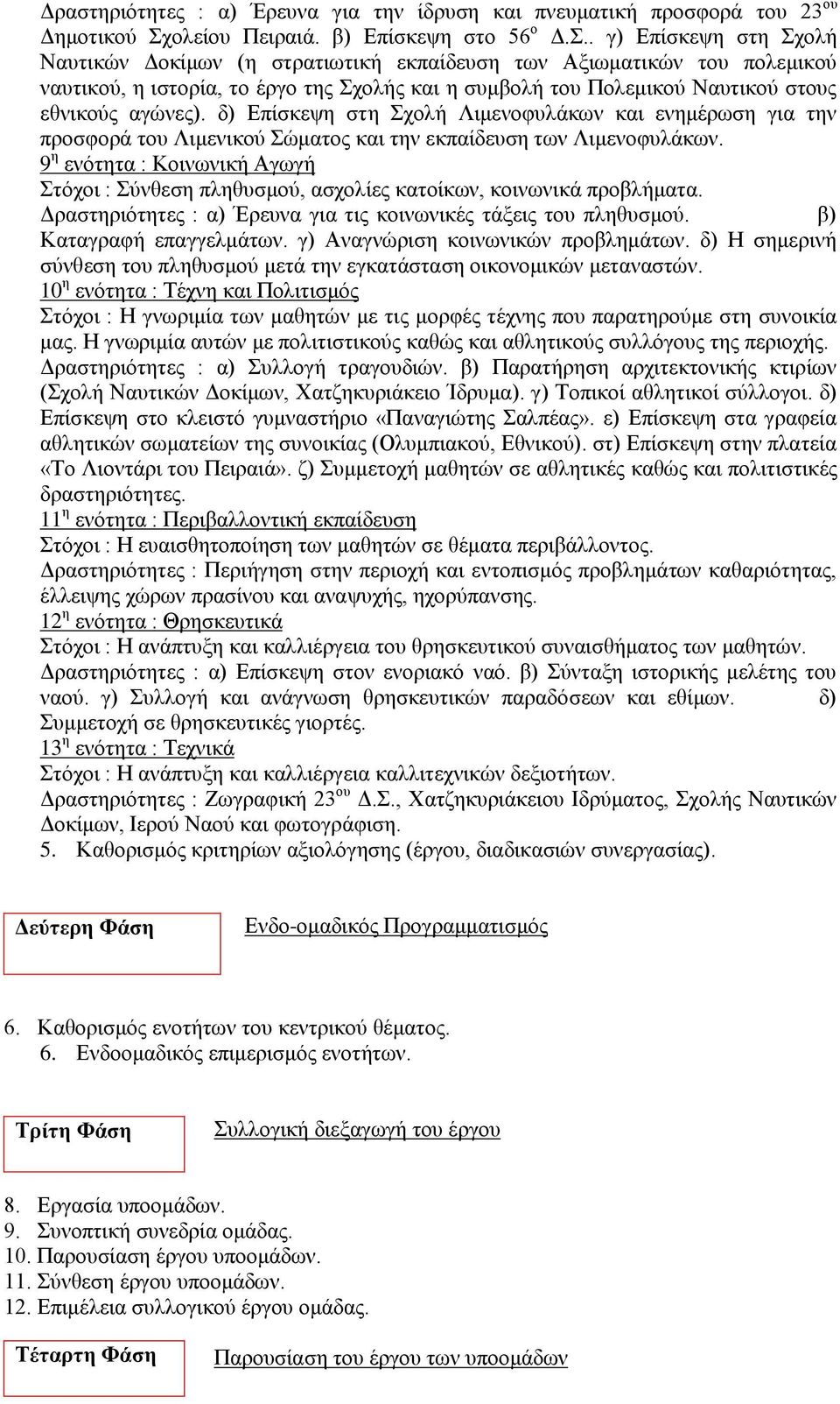 . γ) Επίσκεψη στη Σχολή Ναυτικών Δοκίμων (η στρατιωτική εκπαίδευση των Αξιωματικών του πολεμικού ναυτικού, η ιστορία, το έργο της Σχολής και η συμβολή του Πολεμικού Ναυτικού στους εθνικούς αγώνες).